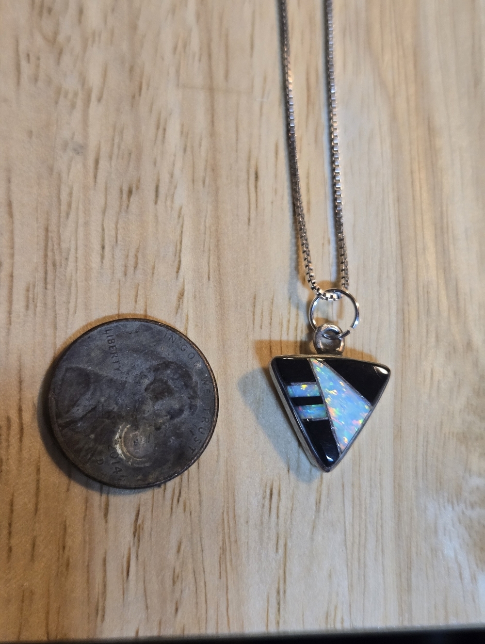 Triangular Opal Inlay Pendant Necklace - Black and Iridescent Blue